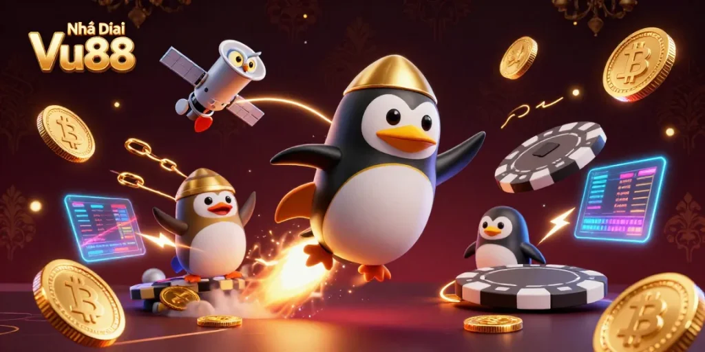 Experience the universe of Nhà cái Vu88 with a dazzling 3D casino exploration, featuring crypto elements.