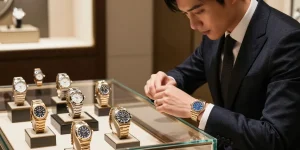 Elegantly displayed rolex super clone watches in a luxury boutique, showcasing craftsmanship and style.