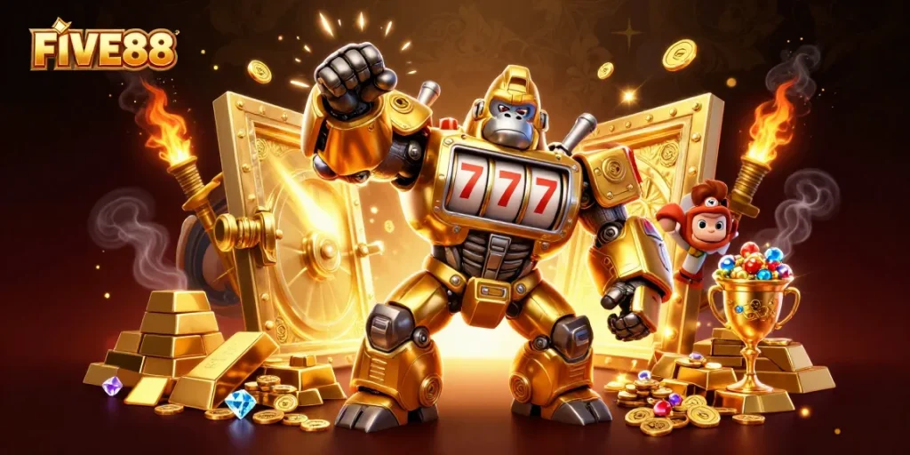 Win big at FIVE88 with a golden gorilla mech and treasure-filled casino adventure.