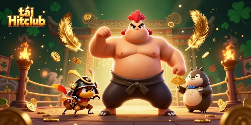 Tải Hitclub with an action-packed scene featuring a powerful sumo wrestler rooster and samurai cricket in a dynamic casino setting.