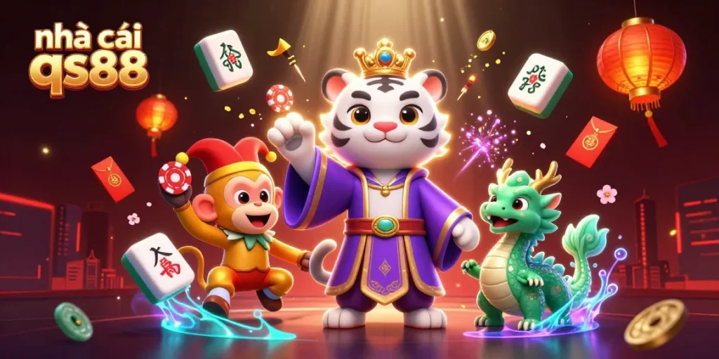 Experience excitement with nhà cái qs88's dynamic scene, featuring a white tiger, monkey, and glowing elements.