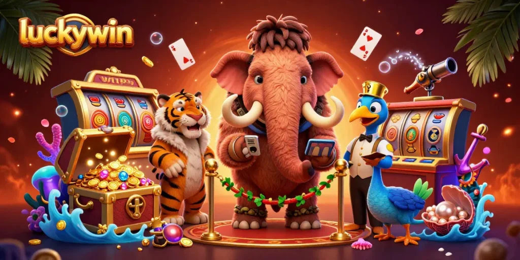 Experience luckywin's casino delights with 3D Woolly Mammoth bouncer and vibrant gaming elements.