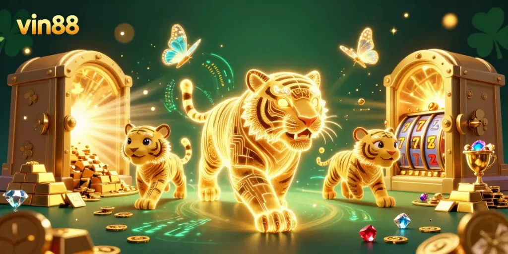 Experience the excitement of vin88 with a lively 3D casino scene featuring a golden tiger and dazzling treasures.