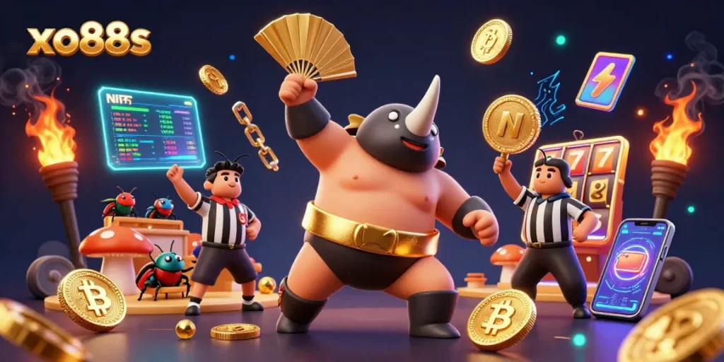 Experience excitement with xo88s as the sumo champion beetle triumphs in a vibrant casino scene.