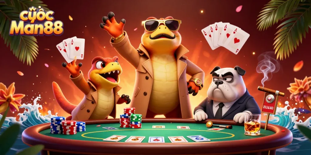 Cược Man88 showcases playful raptors in a trench coat entering a VIP casino, surrounded by vibrant poker elements.