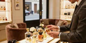 Luxury perfume brands selection in an elegant boutique highlighting iconic scents.