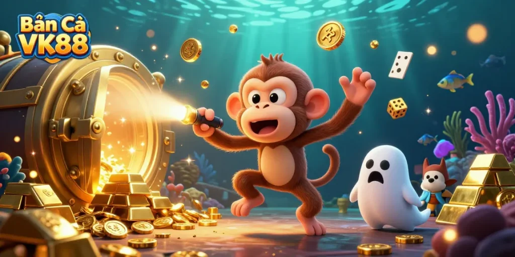 Engage in Bắn Cá VK88 with a dynamic scene featuring a poltergeist monkey and ghost-hunter puppy.