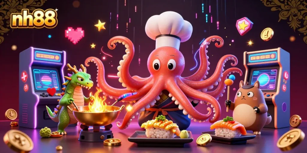 Engage with the vibrant world of nh88, where a chef octopus crafts golden dishes amid lively casino elements.