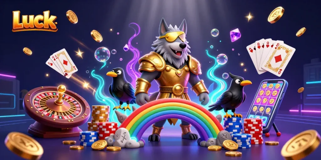 Luck 8 online casino features Odin with ravens amidst casino elements, showcasing thrilling game action.