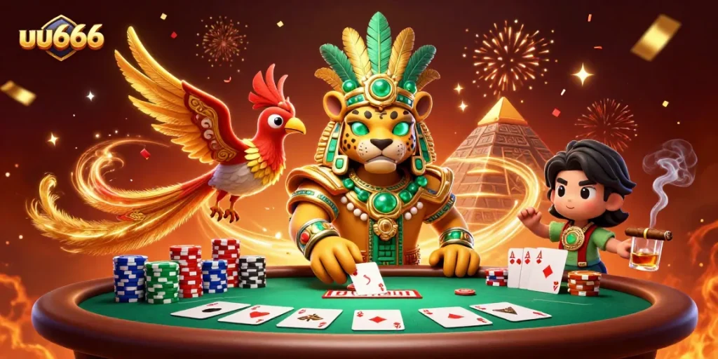 Experience thrilling action with uu666 where a Mayan jaguar priest leads a vibrant poker game.