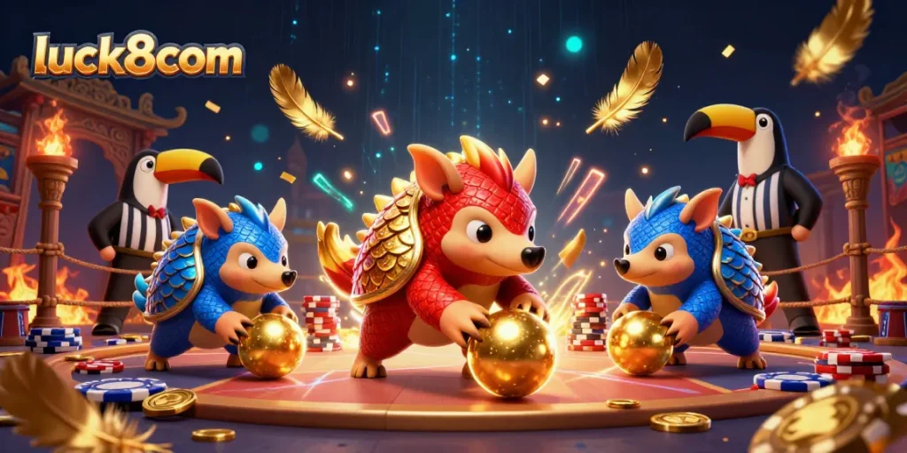 Engage in vibrant gaming action at luck8com with animated pangolins rolling through poker chips.