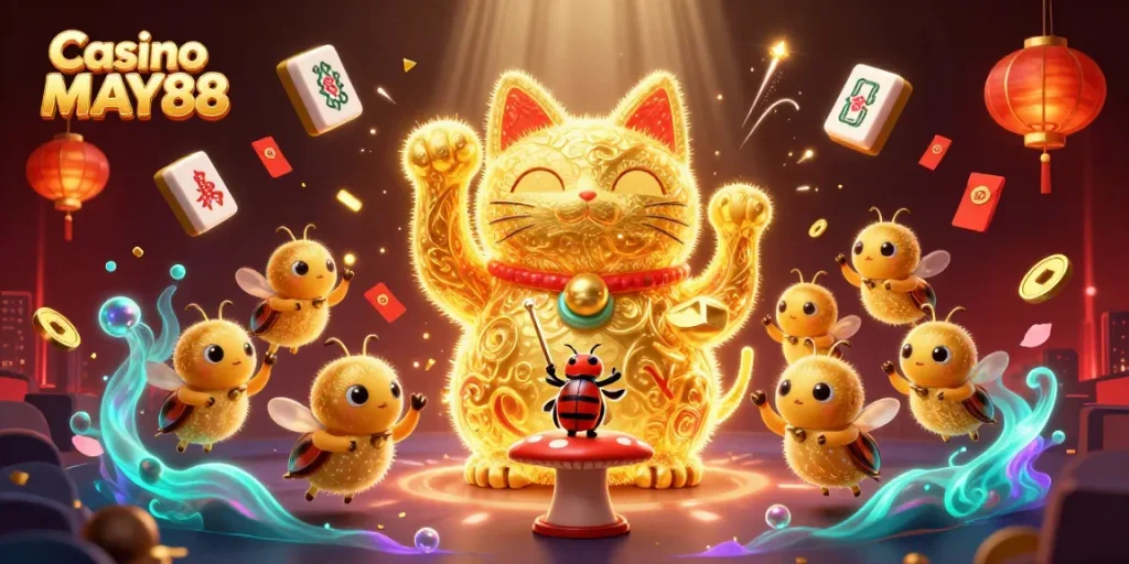 Experience Casino MAY88's vibrant gaming atmosphere with a dynamic lucky cat in 3D illustration.