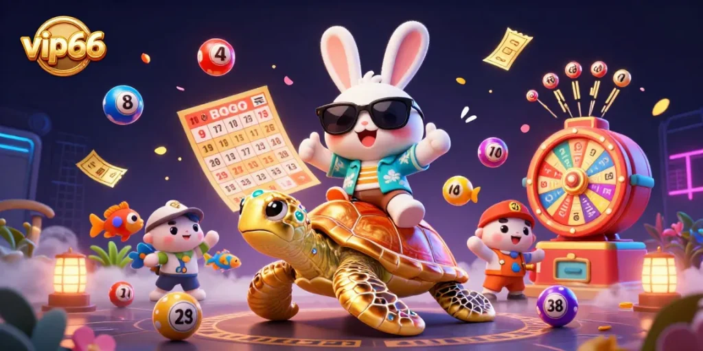Experience excitement with vip66 as the lucky rabbit rides a golden turtle amidst vibrant lottery elements.