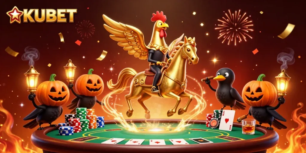 KUBET showcases a vibrant casino scene with a golden rooster and poker elements in 3D.