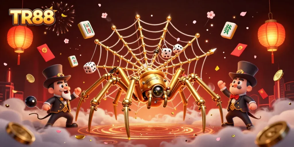 Experience the gaming excitement at TR88 with a dynamic digital illustration of a steampunk spider catching dice, surrounded by festive casino elements.